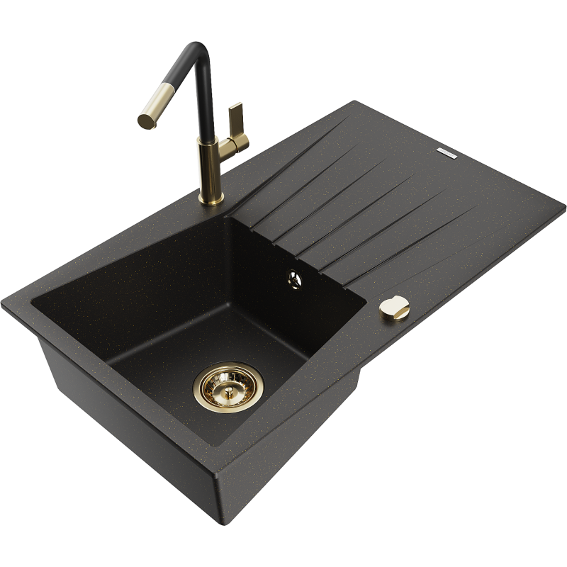 Mexen Cesar Granitspüle 1-Becken mit Abtropffläche und Küchenarmatur Flora, Schwarz/Gold Metallic - 6514-75-670401-57-G