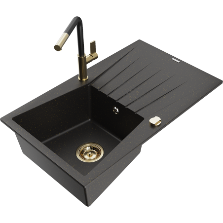 Mexen Cesar Granitspüle 1-Becken mit Abtropffläche und Küchenarmatur Flora, Schwarz/Gold Metallic - 6514-75-670401-57-G