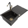 Mexen Cesar Granitspüle 1-Becken mit Abtropffläche und Küchenarmatur Flora, Schwarz/Gold Metallic - 6514-75-670401-57-G