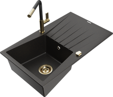 Mexen Cesar Granitspüle 1-Becken mit Abtropffläche und Küchenarmatur Flora, Schwarz/Gold Metallic - 6514-75-670401-57-G
