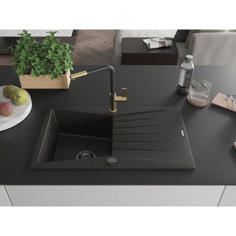 Mexen Cesar Granitspüle 1-Becken mit Abtropffläche und Küchenarmatur Flora, schwarz/gold metallic - 6514-75-670401-57-B