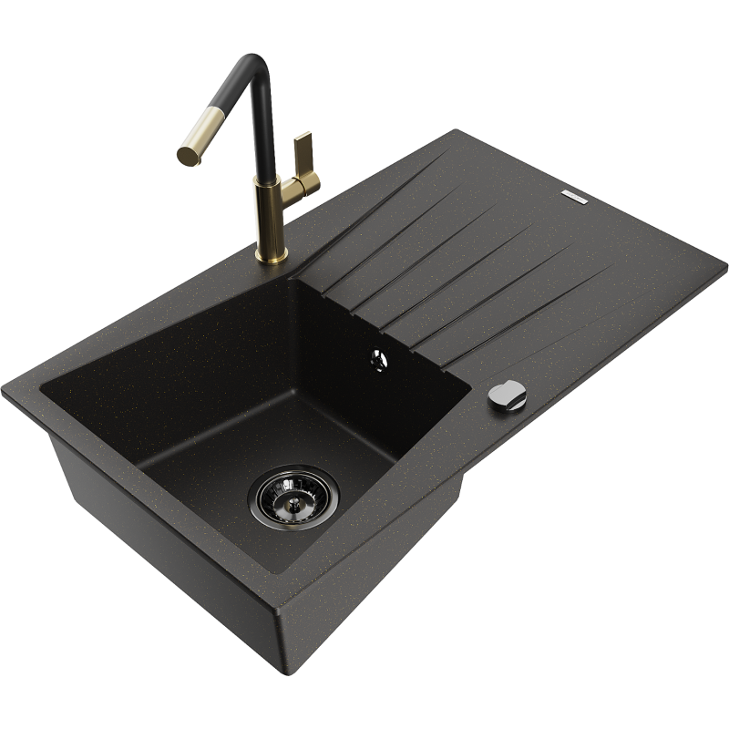 Mexen Cesar Granitspüle 1-Becken mit Abtropfbereich und Küchenarmatur Flora, schwarz/goldmetallisch - 6514-75-670401-57-B