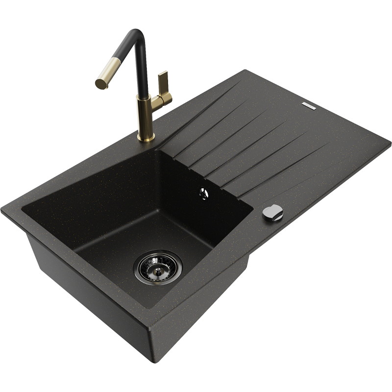 Mexen Cesar Granitspüle 1-Becken mit Abtropffläche und Küchenarmatur Flora, schwarz/gold metallic - 6514-75-670401-57-B
