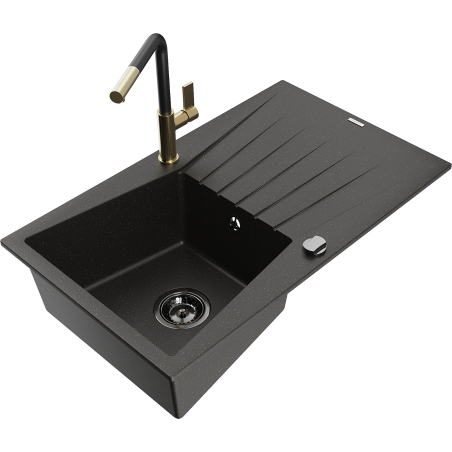 Mexen Cesar Granitspüle 1-Becken mit Abtropfbereich und Küchenarmatur Flora, schwarz/goldmetallisch - 6514-75-670401-57-B