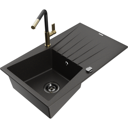Mexen Cesar Granitspüle 1-Becken mit Abtropffläche und Küchenarmatur Flora, schwarz/gold metallic - 6514-75-670401-57-B
