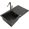 Mexen Cesar Granitspüle 1-Becken mit Abtropfbereich und Küchenarmatur Flora, schwarz/goldmetallisch - 6514-75-670401-57-B