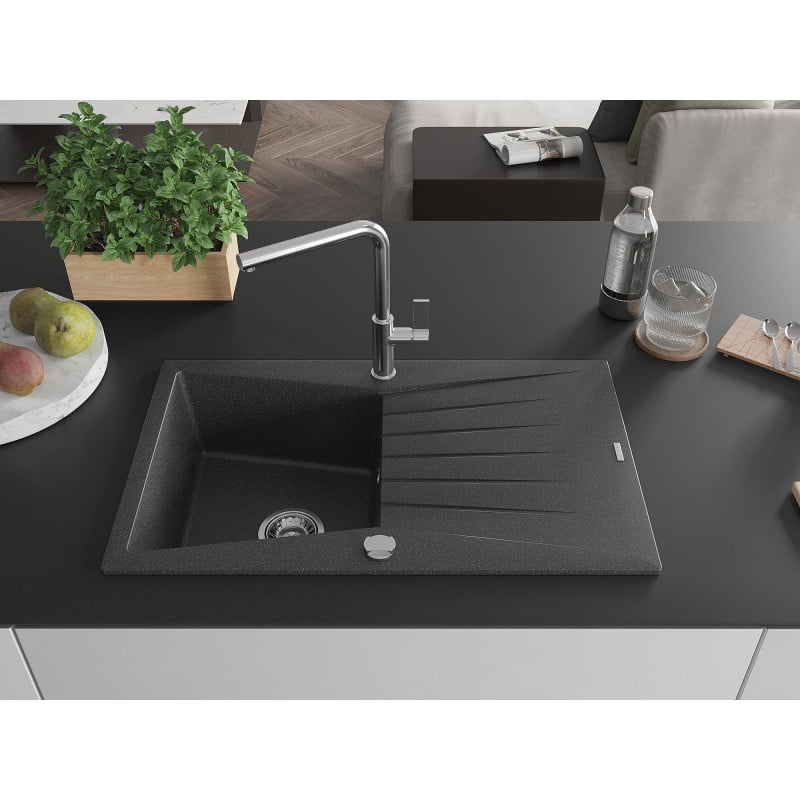 Mexen Cesar Granitspüle 1-Becken mit Abtropffläche und Küchenarmatur Flora, schwarz gesprenkelt - 6514-76-670401-00