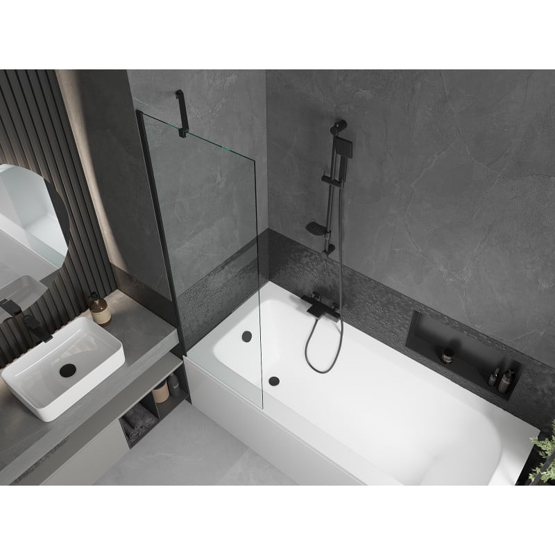 Mexen Vega Rechteckige Wanne 170 x 70 cm mit Verkleidung und 1-flügeliger Trennwand 60 cm, transparent, schwarz