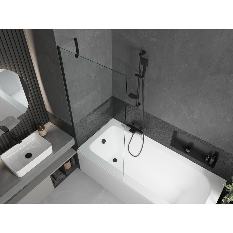 Mexen Vega Rechteckige Badewanne 170 x 70 cm mit Verkleidung und 1-flügeliger 80 cm Duschwand, transparent, schwarz