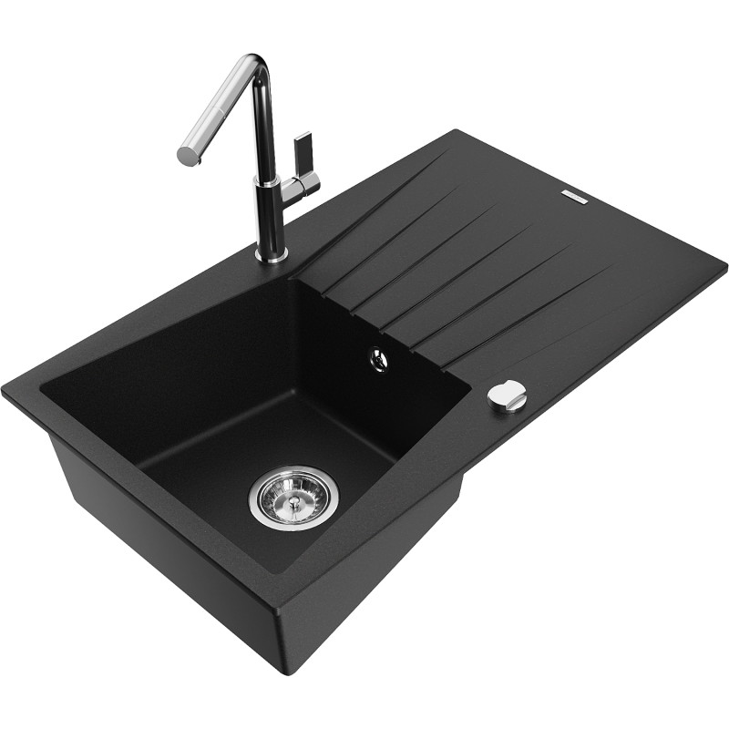 Mexen Cesar Granitspüle 1-Becken mit Abtropffläche und Küchenarmatur Flora, schwarz - 6514-77-670401-00