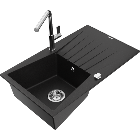 Mexen Cesar Granitspüle 1-Becken mit Abtropffläche und Küchenarmatur Flora, schwarz - 6514-77-670401-00