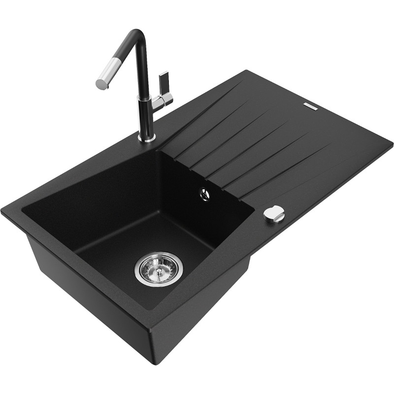 Mexen Cesar Granit-Einbauspüle 1-Becken mit Abtropffläche und Küchenarmatur Flora, schwarz - 6514-77-670401-07