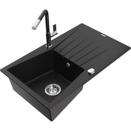 Mexen Cesar Granit-Einbauspüle 1-Becken mit Abtropffläche und Küchenarmatur Flora, schwarz - 6514-77-670401-07