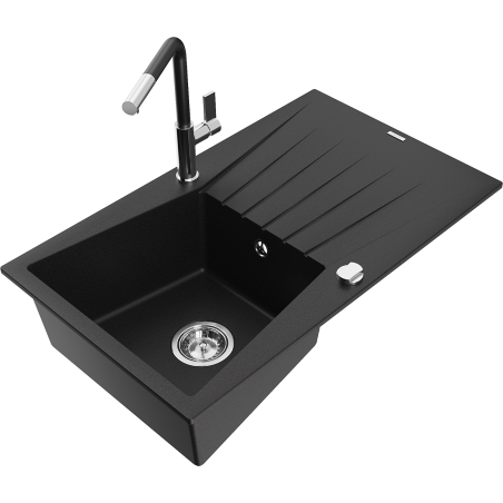 Mexen Cesar Granitspüle 1-becken mit Abtropffläche und Küchenarmatur Flora, schwarz - 6514-77-670401-07