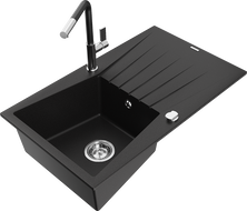 Mexen Cesar Granitspüle 1-becken mit Abtropffläche und Küchenarmatur Flora, schwarz - 6514-77-670401-07