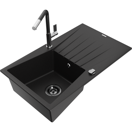 Mexen Cesar Granitspüle, 1-Becken mit Abtropffläche und Küchenarmatur Flora, schwarz - 6514-77-670401-07-B