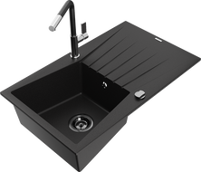 Mexen Cesar Granitspüle, 1-Becken mit Abtropffläche und Küchenarmatur Flora, schwarz - 6514-77-670401-07-B
