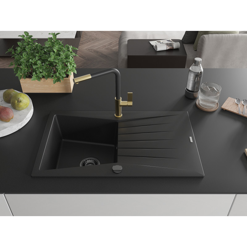 Mexen Cesar Granitspüle 1-Becken mit Abtropffläche und Küchenarmatur Flora, schwarz - 6514-77-670401-57-B