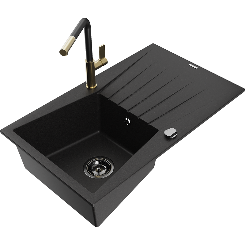 Mexen Cesar Granitspüle 1-Becken mit Abtropffläche und Küchenarmatur Flora, schwarz - 6514-77-670401-57-B