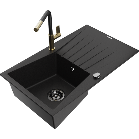 Mexen Cesar Granitspüle 1-Becken mit Abtropffläche und Küchenarmatur Flora, schwarz - 6514-77-670401-57-B