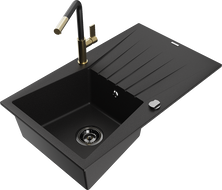 Mexen Cesar Granitspüle 1-Becken mit Abtropffläche und Küchenarmatur Flora, schwarz - 6514-77-670401-57-B