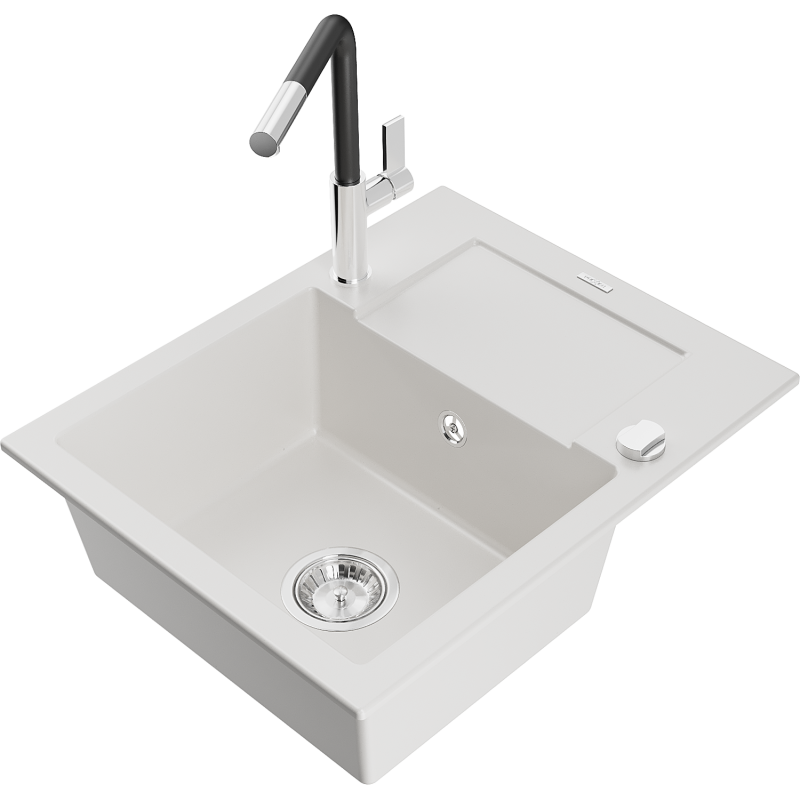 Mexen Enzo Granitspüle 1-Becken mit Abtropffläche und Küchenarmatur Flora, weiß - 6506-20-670401-07