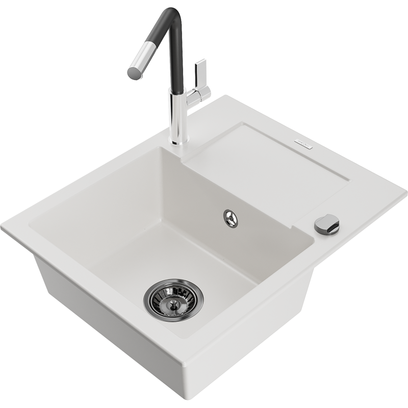 Mexen Enzo Granitspüle 1-Becken mit Abtropffläche und Küchenarmatur Flora, weiß - 6506-20-670401-07-B