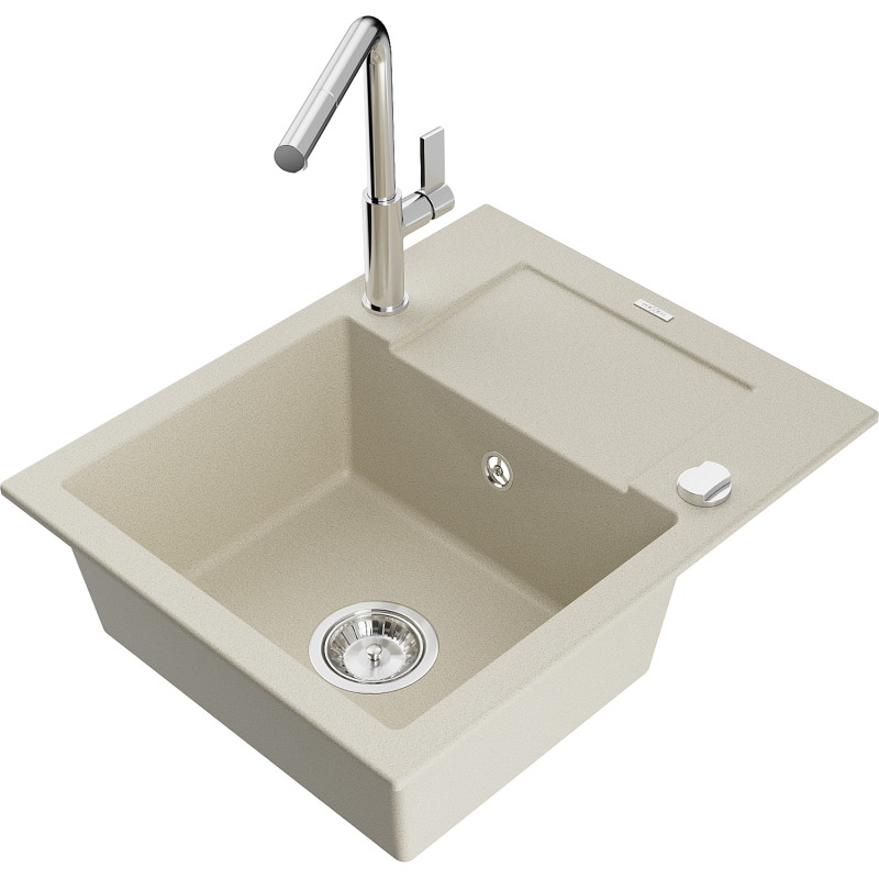 Mexen Enzo Granitspüle 1-Becken mit Abtropffläche und Küchenarmatur Flora, beige - 6506-69-670401-00