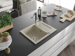 Mexen Enzo Granitspüle 1-beckig mit Abtropffläche und Küchenarmatur Flora, beige - 6506-69-670401-07