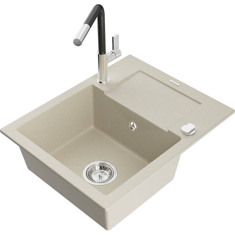 Mexen Enzo Granitspüle 1-beckig mit Abtropffläche und Küchenarmatur Flora, beige - 6506-69-670401-07