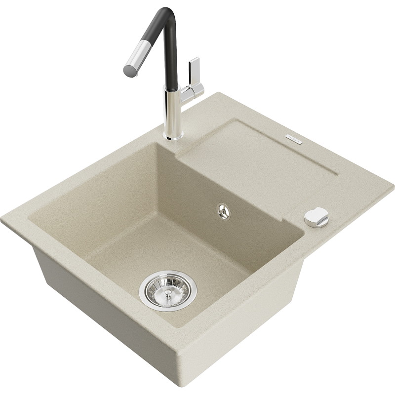 Mexen Enzo granitspüle mit 1 Becken, Abtropffläche und Küchenarmatur Flora, beige - 6506-69-670401-07