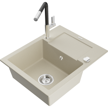 Mexen Enzo Granitspüle 1-beckig mit Abtropffläche und Küchenarmatur Flora, beige - 6506-69-670401-07