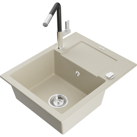 Mexen Enzo granitspüle mit 1 Becken, Abtropffläche und Küchenarmatur Flora, beige - 6506-69-670401-07