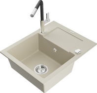 Mexen Enzo Granitspüle 1-beckig mit Abtropffläche und Küchenarmatur Flora, beige - 6506-69-670401-07