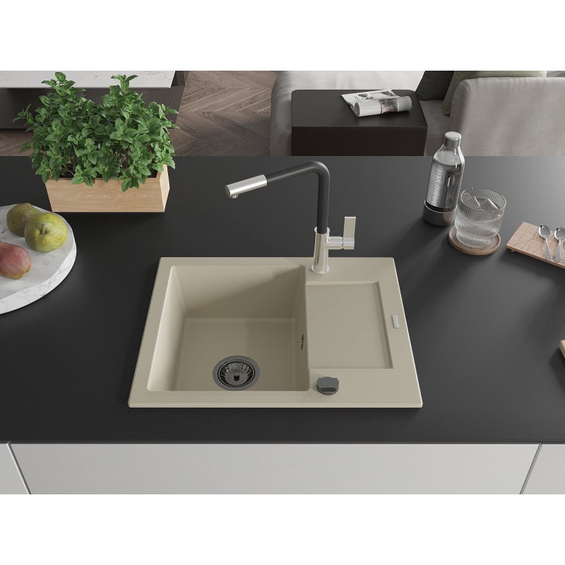 Mexen Enzo Granitspüle, ein Becken mit Abtropffläche und Küchenarmatur Flora, beige - 6506-69-670401-07-B