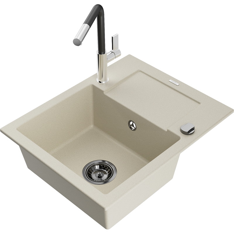 Mexen Enzo 1-Kammer Granitspüle mit Abtropffläche und Küchenarmatur Flora, beige - 6506-69-670401-07-B