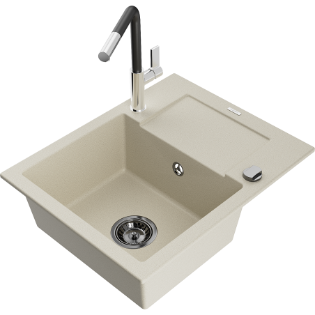 Mexen Enzo 1-Kammer Granitspüle mit Abtropffläche und Küchenarmatur Flora, beige - 6506-69-670401-07-B