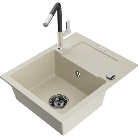 Mexen Enzo Granitspüle, ein Becken mit Abtropffläche und Küchenarmatur Flora, beige - 6506-69-670401-07-B