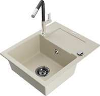 Mexen Enzo Granitspüle, ein Becken mit Abtropffläche und Küchenarmatur Flora, beige - 6506-69-670401-07-B