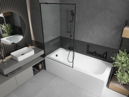 Mexen Vega rechteckige Badewanne 170 x 70 cm mit Verkleidung und 1-flügeliger Abtrennung 100 cm, schwarzes Muster