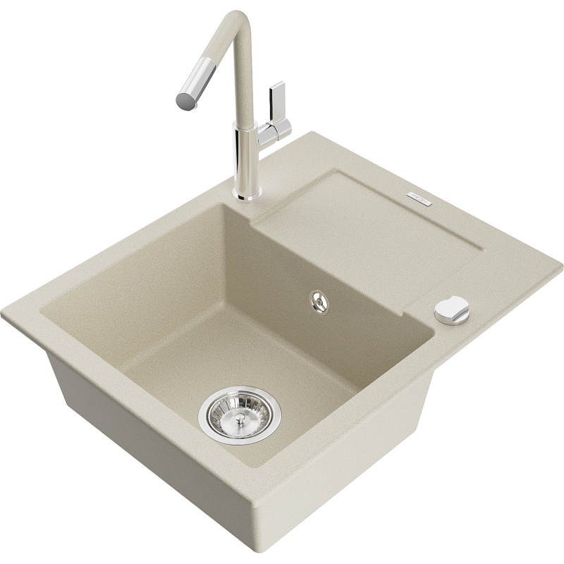 Mexen Enzo Granitspüle 1-Becken mit Abtropffläche und Küchenarmatur Flora, beige - 6506-69-670401-09