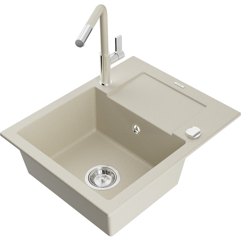 Mexen Enzo Granitspüle 1-beckig mit Abtropffläche und Küchenarmatur Flora, beige - 6506-69-670401-09