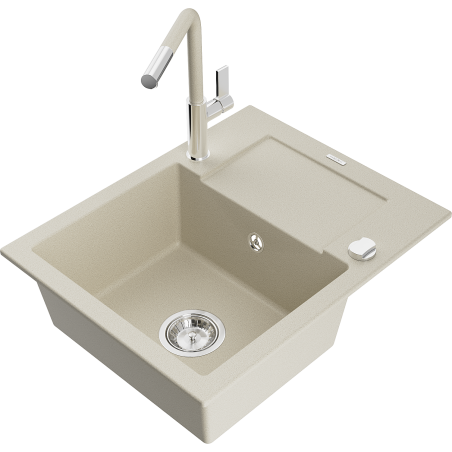 Mexen Enzo Granitspüle 1-Becken mit Abtropffläche und Küchenarmatur Flora, beige - 6506-69-670401-09