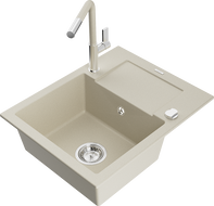 Mexen Enzo Granitspüle 1-Becken mit Abtropffläche und Küchenarmatur Flora, beige - 6506-69-670401-09
