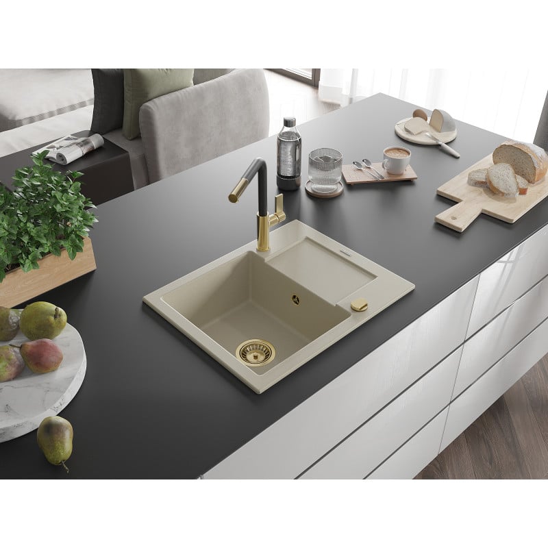Mexen Enzo Granitspüle 1-Becken mit Abtropffläche und Küchenarmatur Flora, beige - 6506-69-670401-57-G