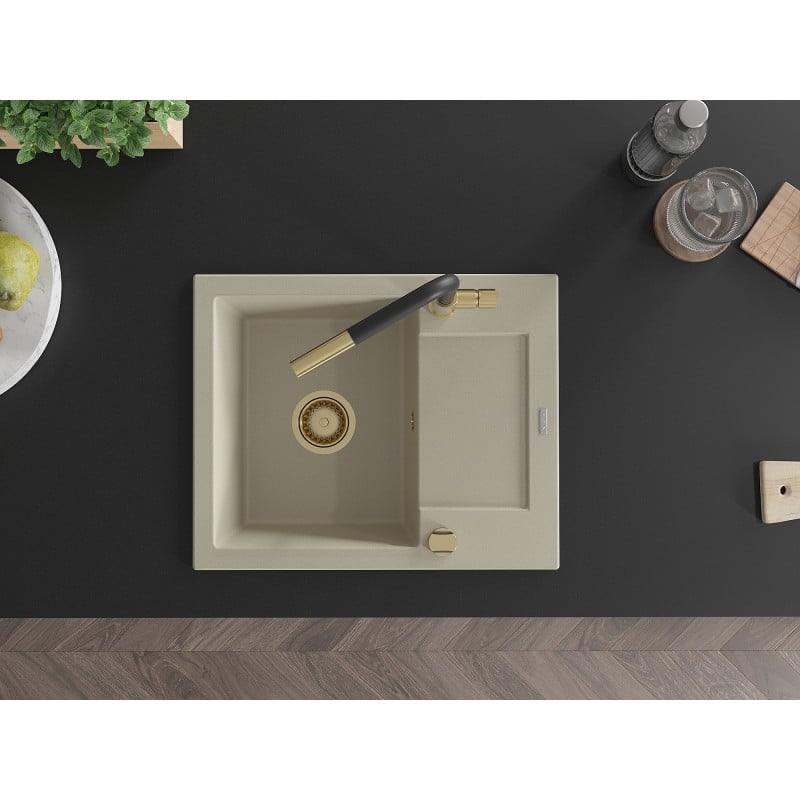 Mexen Enzo Granitspüle 1-Becken mit Abtropffläche und Küchenarmatur Flora, beige - 6506-69-670401-57-G