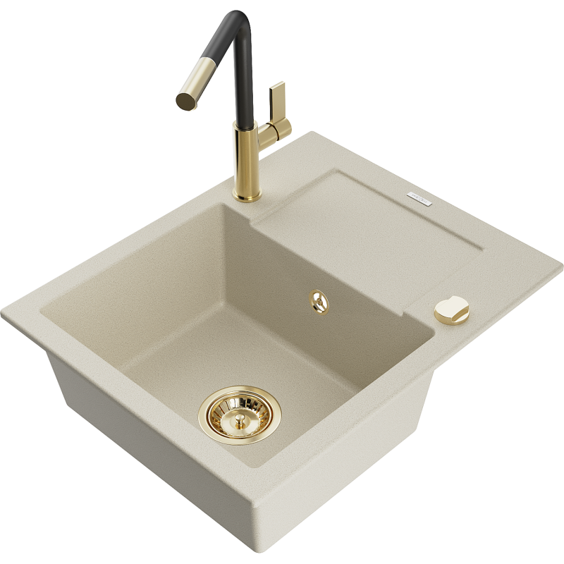 Mexen Enzo Granitspüle 1-Becken mit Abtropffläche und Küchenarmatur Flora, beige - 6506-69-670401-57-G
