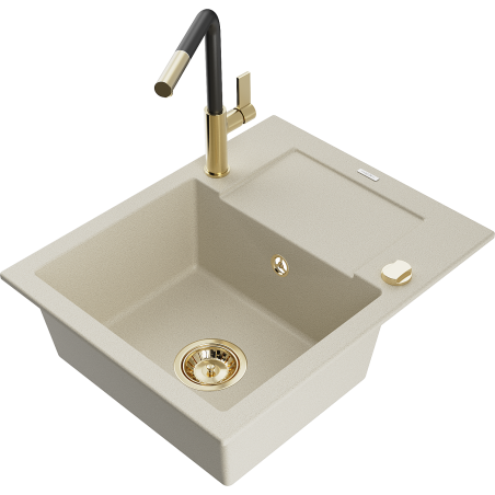 Mexen Enzo Granitspüle 1-Becken mit Abtropffläche und Küchenarmatur Flora, beige - 6506-69-670401-57-G