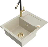 Mexen Enzo Granitspüle 1-Becken mit Abtropffläche und Küchenarmatur Flora, beige - 6506-69-670401-57-G