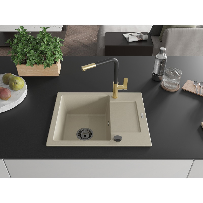 Mexen Enzo granitspüle einbauwaschbecken mit abtropffläche und Küchenarmatur Flora, beige - 6506-69-670401-57-B